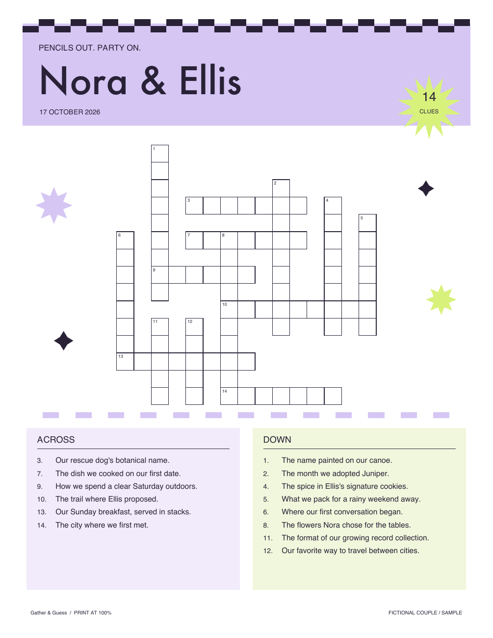 Disco Afterparty: a playful lavender and lime crossword for the fictional couple Nora and Ellis